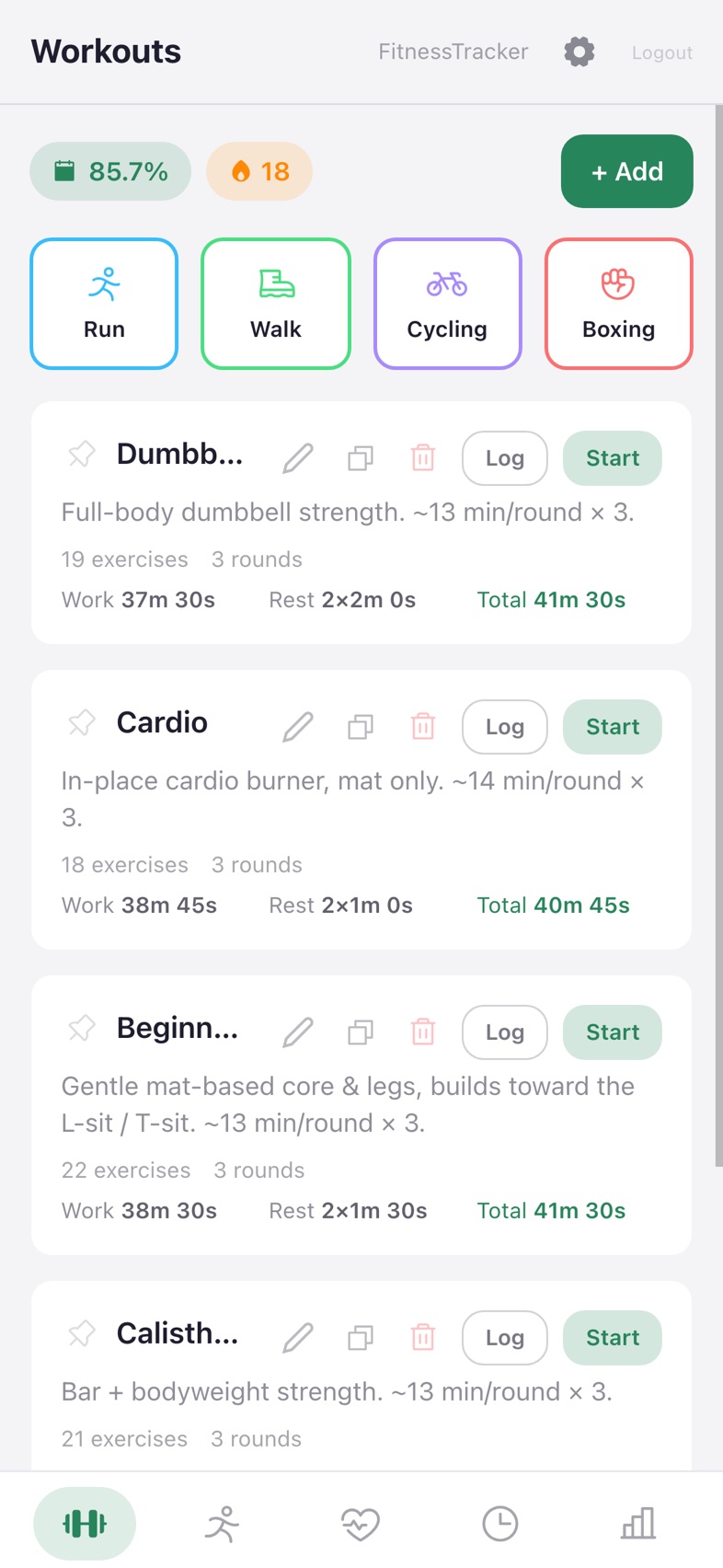 FitnessTracker workout tab