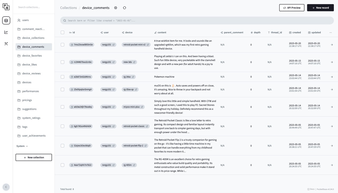 PocketBase dashboard showing device_comments collection from retroranker.site